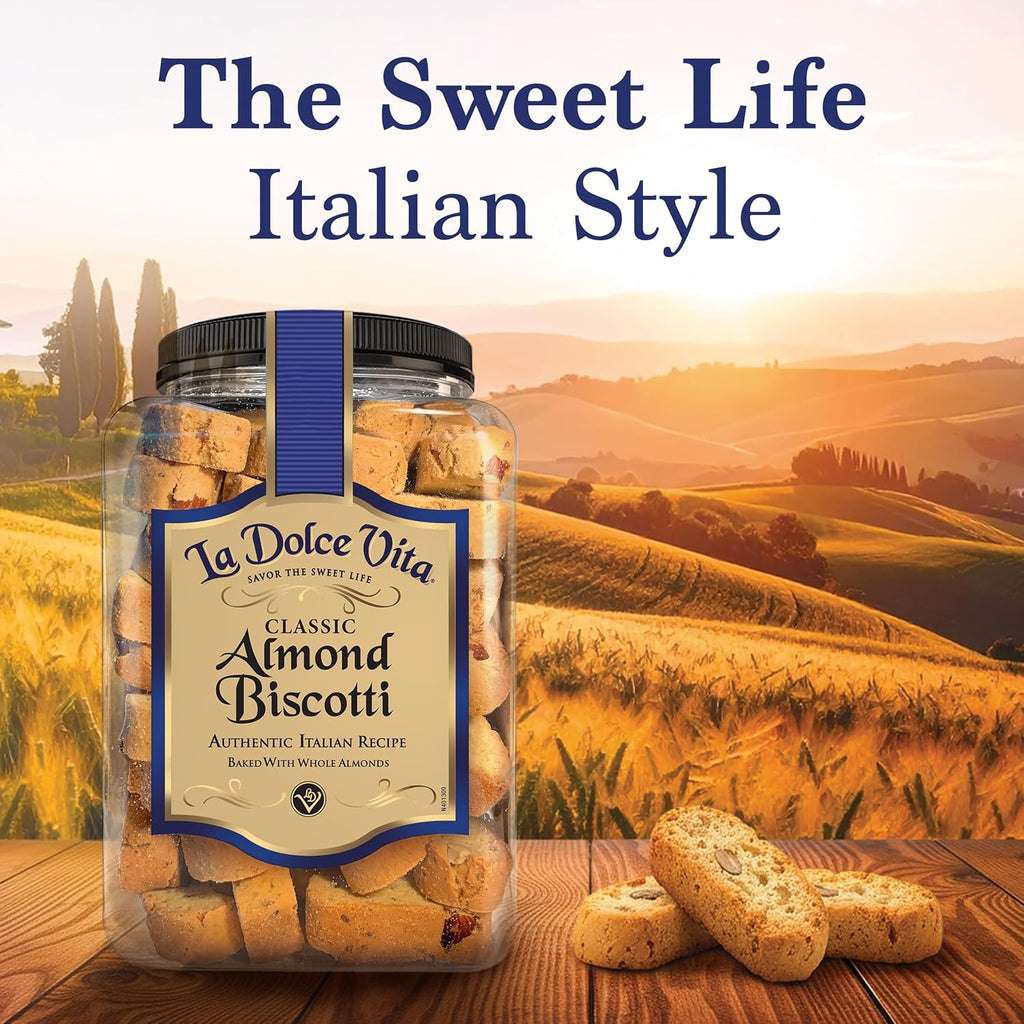 La Dolce Vita Classic Almond Italian Biscotti Cookies, Gourmet Coffee & Tea Dipping Snack, 40 oz Jar