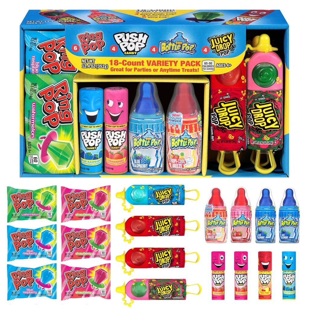 Candy Variety Pack, 18Ct Assorted Valentine's Candy Lollipops, Bulk Individually Wrapped Ring Pop, Push Pop, Baby Bottle Pop & Juicy Drop, Birthday Party Favors, Valentine's Gifts, Kids Goodie Bags