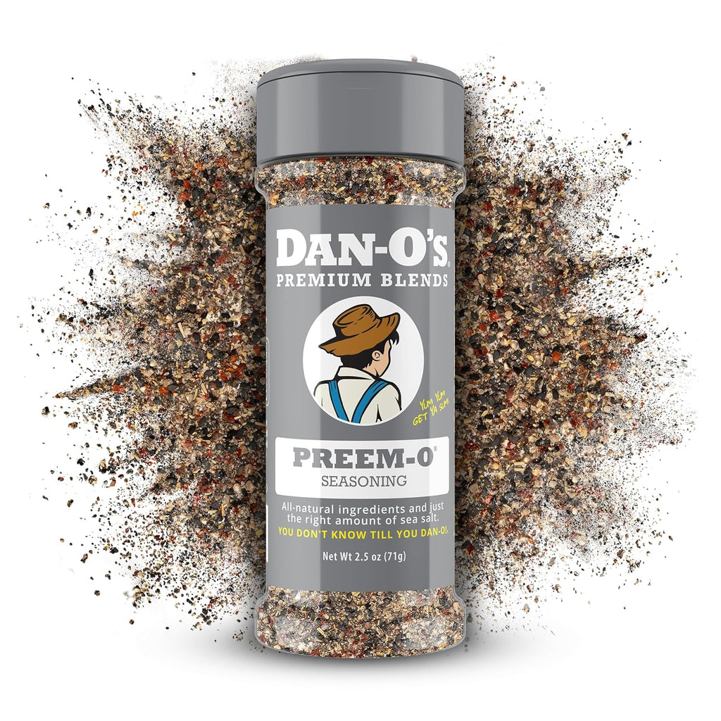 Dan-O's Preem-O Seasoning, 2.5 oz Bottle, Meat Seasoning for Steak, Ribs, Chicken, Brisket and More, Sugar Free, Zero Calorie, Use this Spice Blend to Craft a Marinade, Dry Rub or Sauce