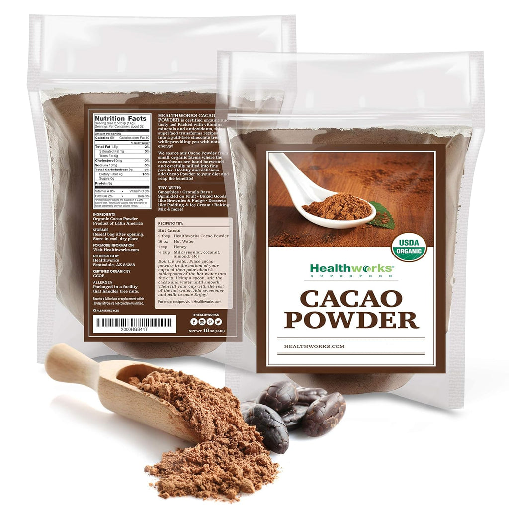 Healthworks Superfoods Organic Cacao Powder - 16 Oz / 1 Lb - Cocoa Chocolate Substitute - Rich Chocolate Flavour - Sugar-Free, Keto, Vegan & Non-GMO - Peruvian Bean/Nut Origin - Antioxidant Superfood