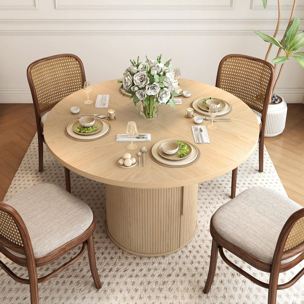 47 inch Round Dining Table for 4, Kitchen Table Dinner Table with 2-Layer Storage Shelf and Wood Slide Door for Home Dining Room Living Room (Natural)