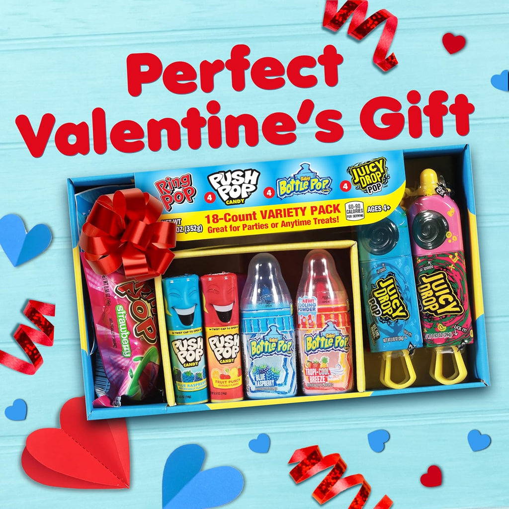 Candy Variety Pack, 18Ct Assorted Valentine's Candy Lollipops, Bulk Individually Wrapped Ring Pop, Push Pop, Baby Bottle Pop & Juicy Drop, Birthday Party Favors, Valentine's Gifts, Kids Goodie Bags