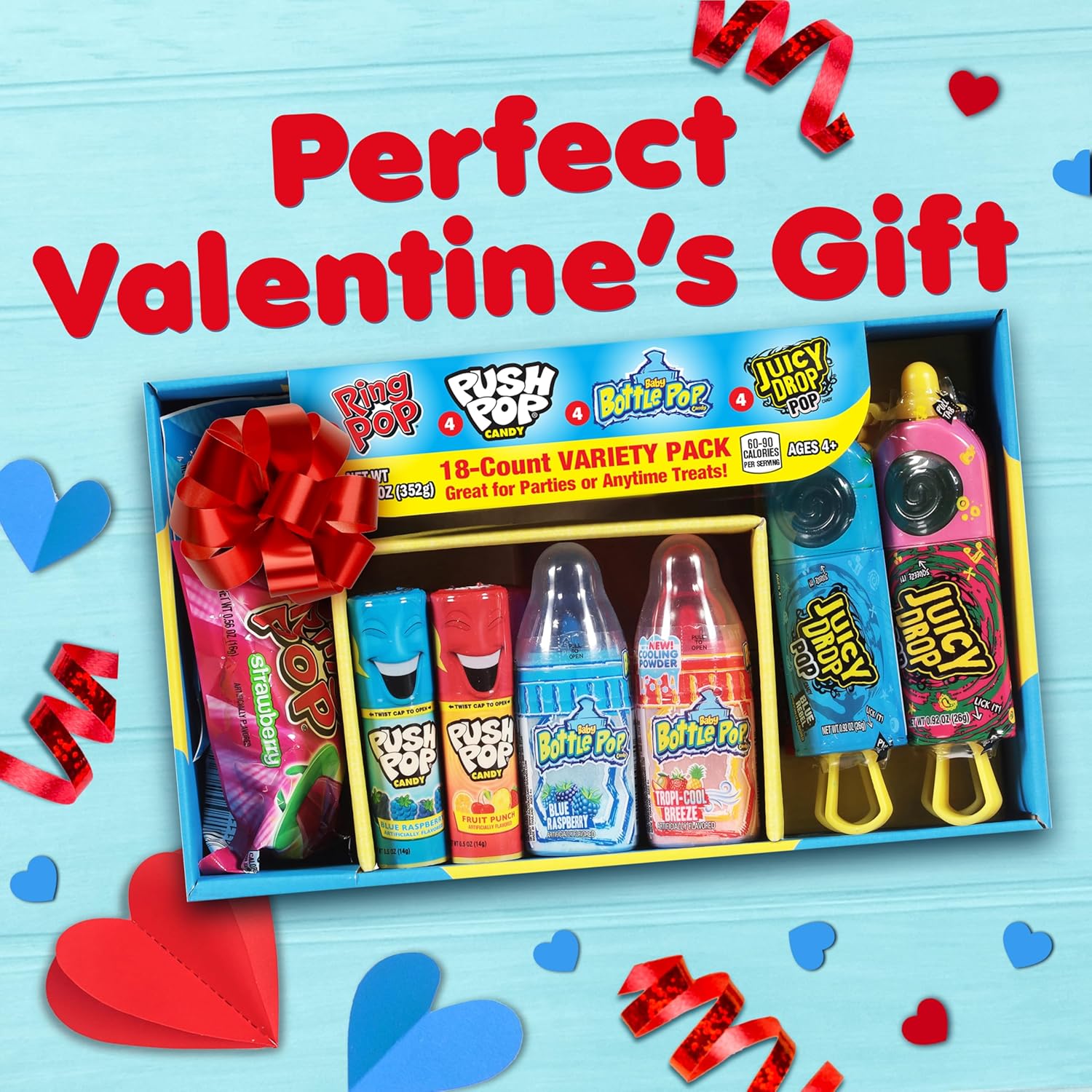 Candy Variety Pack, 18Ct Assorted Valentine's Candy Lollipops, Bulk Individually Wrapped Ring Pop, Push Pop, Baby Bottle Pop & Juicy Drop, Birthday Party Favors, Valentine's Gifts, Kids Goodie Bags