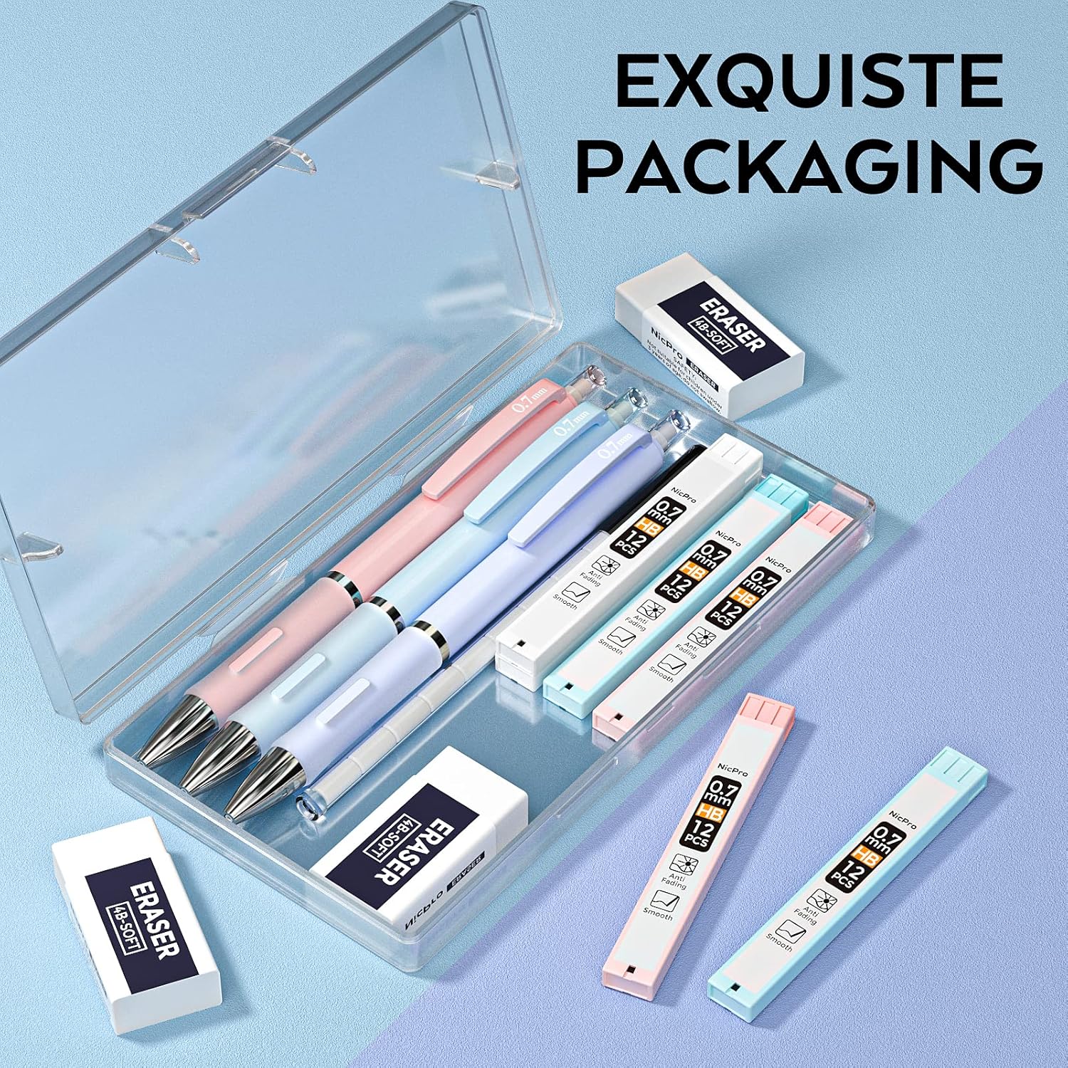 Nicpro 3PCS Cute Mechanical Pencil Set with Case, 0.7 mm Pencils with 6 Tube HB Lead Refill, 3PCS Eraser, 9PCS Eraser Refill for School Supplies Kid Student Writing, Drafting Drawing Sketching