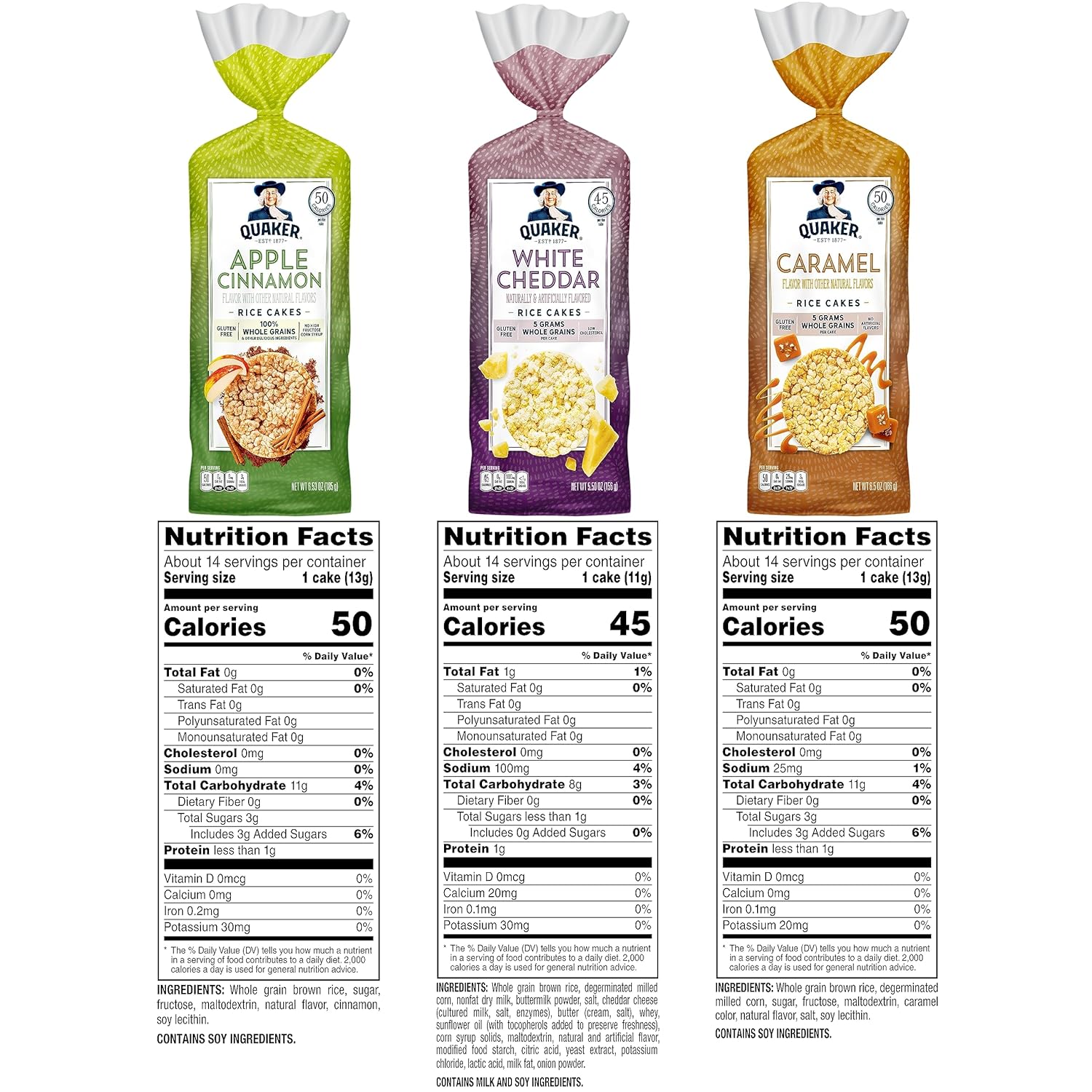 Quaker Large Rice Cakes, Gluten Free, 3 Flavor Variety Pack, 6 Count