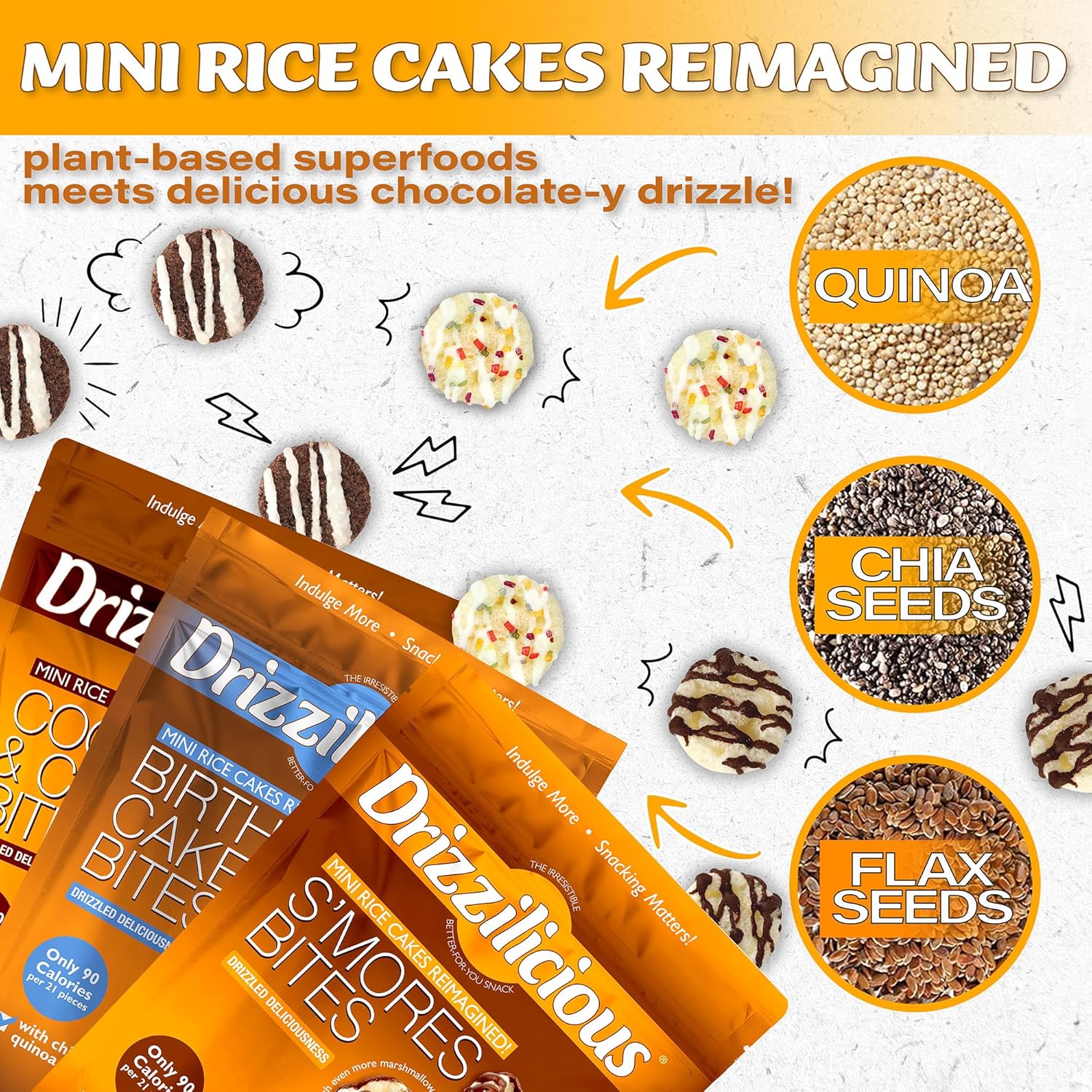 Drizzilicious Mini Rice Cakes Variety Pack - Rice Crisps, Healthy Snack for Adults and Kids, Flavored Rice Cakes, Vegan, Gluten Free, Allergen Free, Only 90 Calories Per Bag - 0.74 oz (Pack of 12)