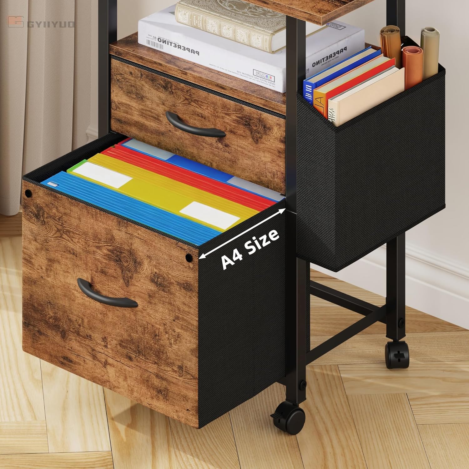 GYIIYUO 2 Drawer File Cabinet with 24'' Extended Desktop, Mobile Filing Cabinet, Rolling File Cabinet with Side Bag, Fabric Drawer, Fits A4/Letter Size, Printer Stand Home Office, Light Brown