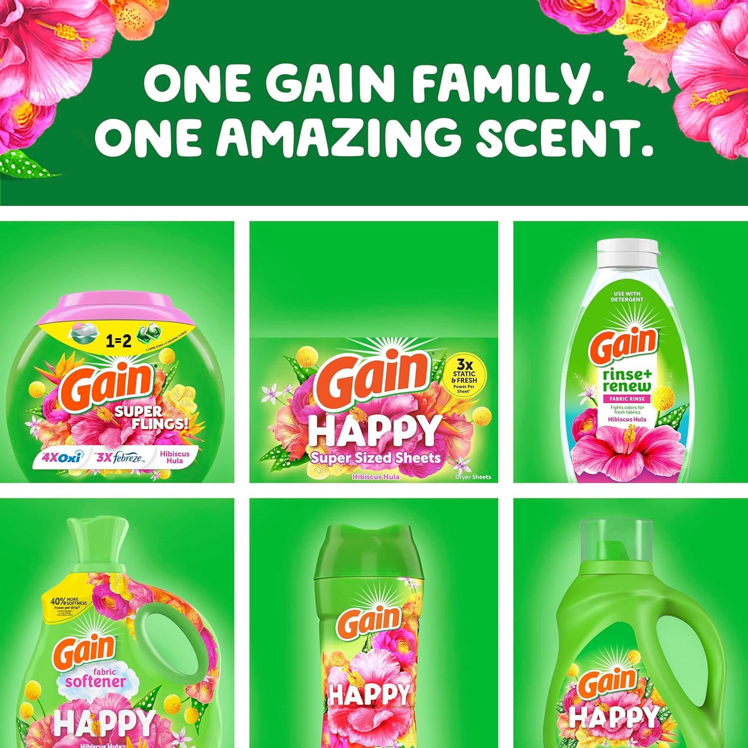Gain Super Flings Laundry Detergent Pacs, 45 Count, Hibiscus Hula scent, irresistibly clean and fresh washing detergent laundry soap pacs
