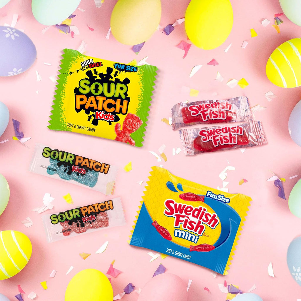 SOUR PATCH KIDS, SOUR PATCH KIDS Big Kids, SWEDISH FISH and SWEDISH FISH Mini Soft & Chewy Easter Candy Variety Pack, Bulk Candy, 140 Snack Packs