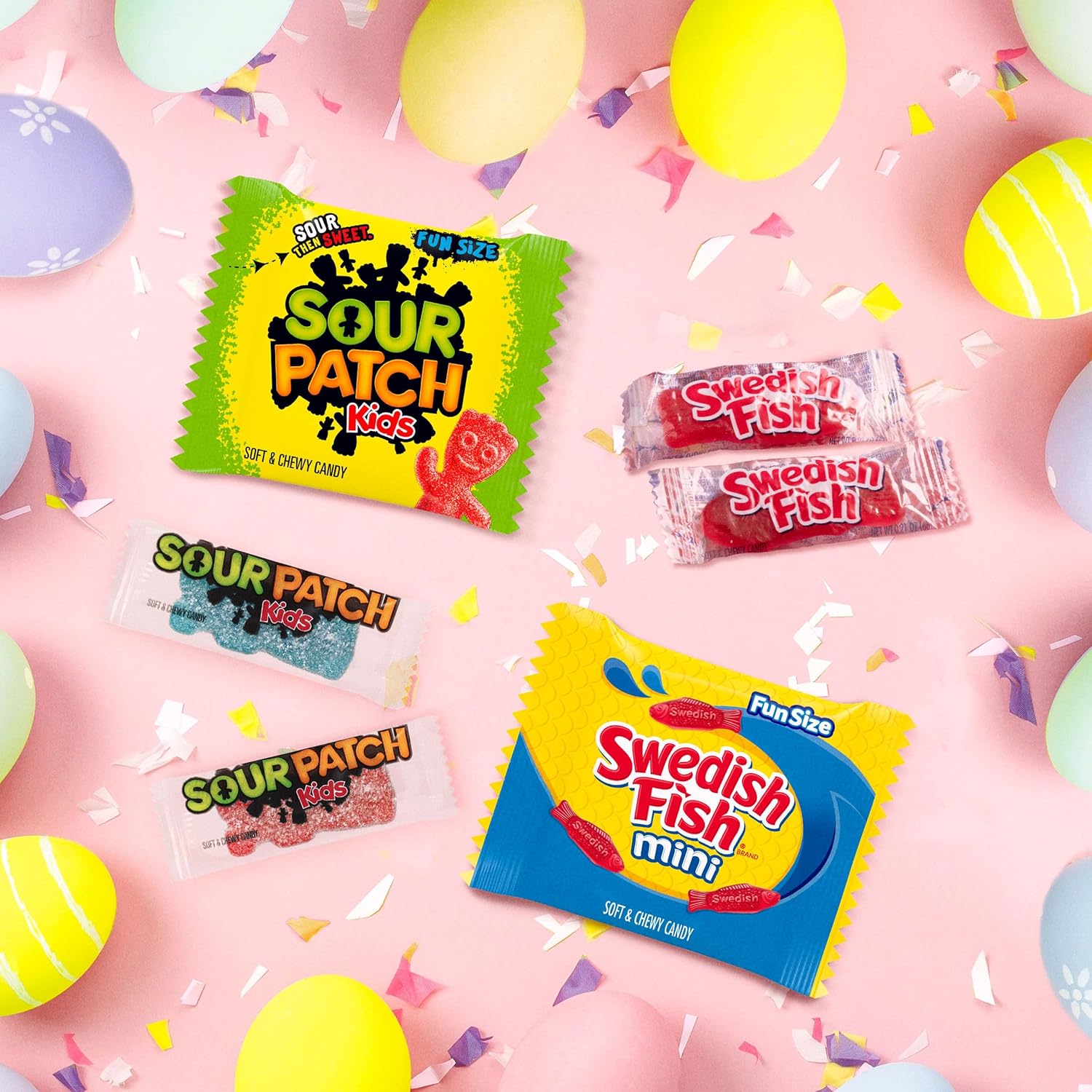 SOUR PATCH KIDS, SOUR PATCH KIDS Big Kids, SWEDISH FISH and SWEDISH FISH Mini Soft & Chewy Easter Candy Variety Pack, Bulk Candy, 140 Snack Packs