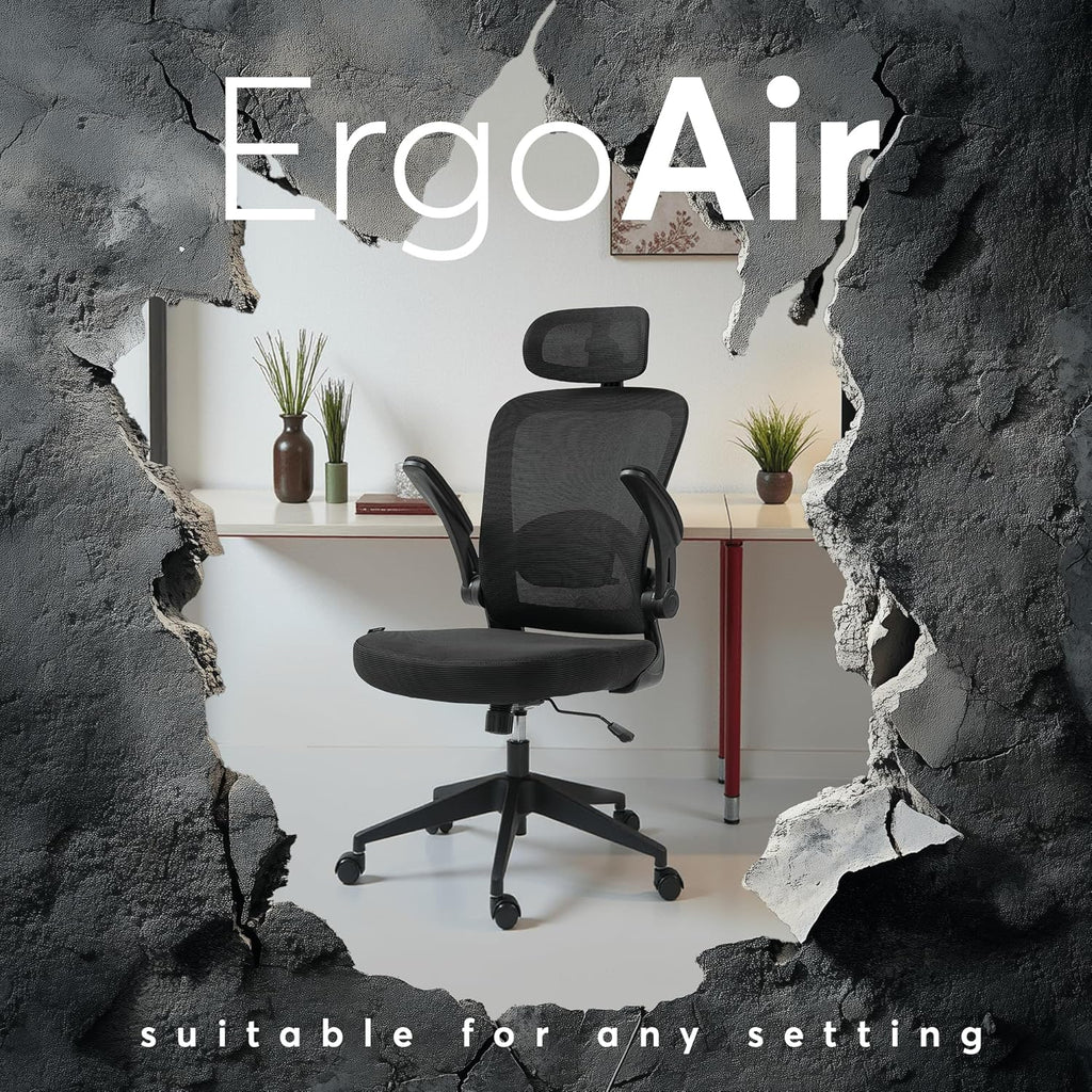 Oline ErgoAir Ergonomic Office Chair – Adjustable Lumbar Support, Flip-Up Armrests, Mesh Computer Desk Chair, Swivel Rolling Executive Gaming Chair for Home & Office (Black)
