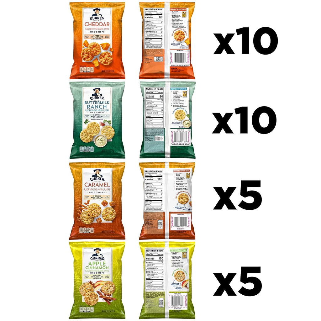 Quaker Rice Crisps, Gluten Free, 4 Flavor Sweet and Savory Variety Mix, Single Serve, 30 count