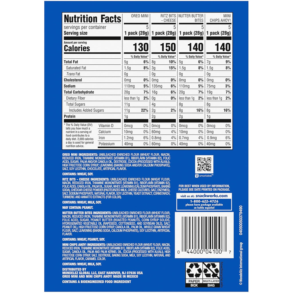 Nabisco Classic Mix Variety Pack, OREO Mini, CHIPS AHOY! Mini, Nutter Butter Bites, RITZ Bits Cheese, 20 Snack Packs