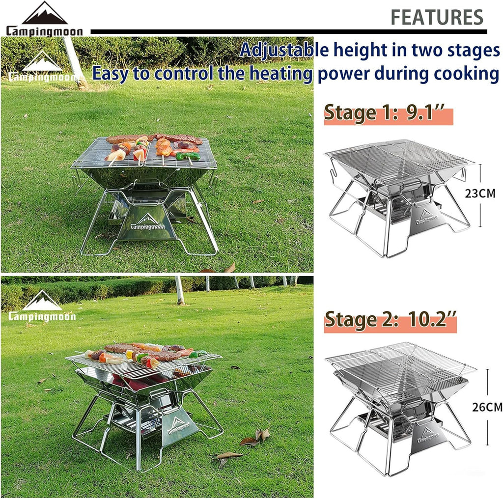 CAMPINGMOON Portable Stainless Steel Campfire Fire Pit Foldable Wood Burning Charcoal Grill for Camping Stove, Outdoor Cooking, Folding BBQ Grill 14-inch with Carry Bag MT-2