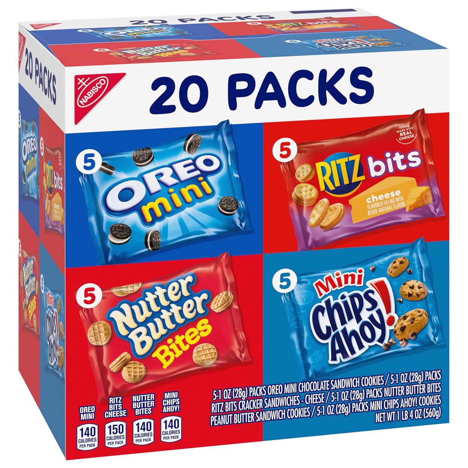 Nabisco Classic Mix Variety Pack, OREO Mini, CHIPS AHOY! Mini, Nutter Butter Bites, RITZ Bits Cheese, 20 Snack Packs