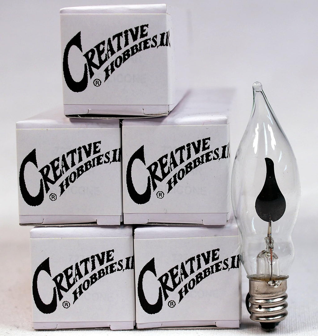 Creative Hobbies A101 Flicker Flame Light Bulb - 3 Watt, 130 Volt, E12 Candelabra Base, Nickel Plated Base - Dances with a Flickering Orange Glow | 5 Pack
