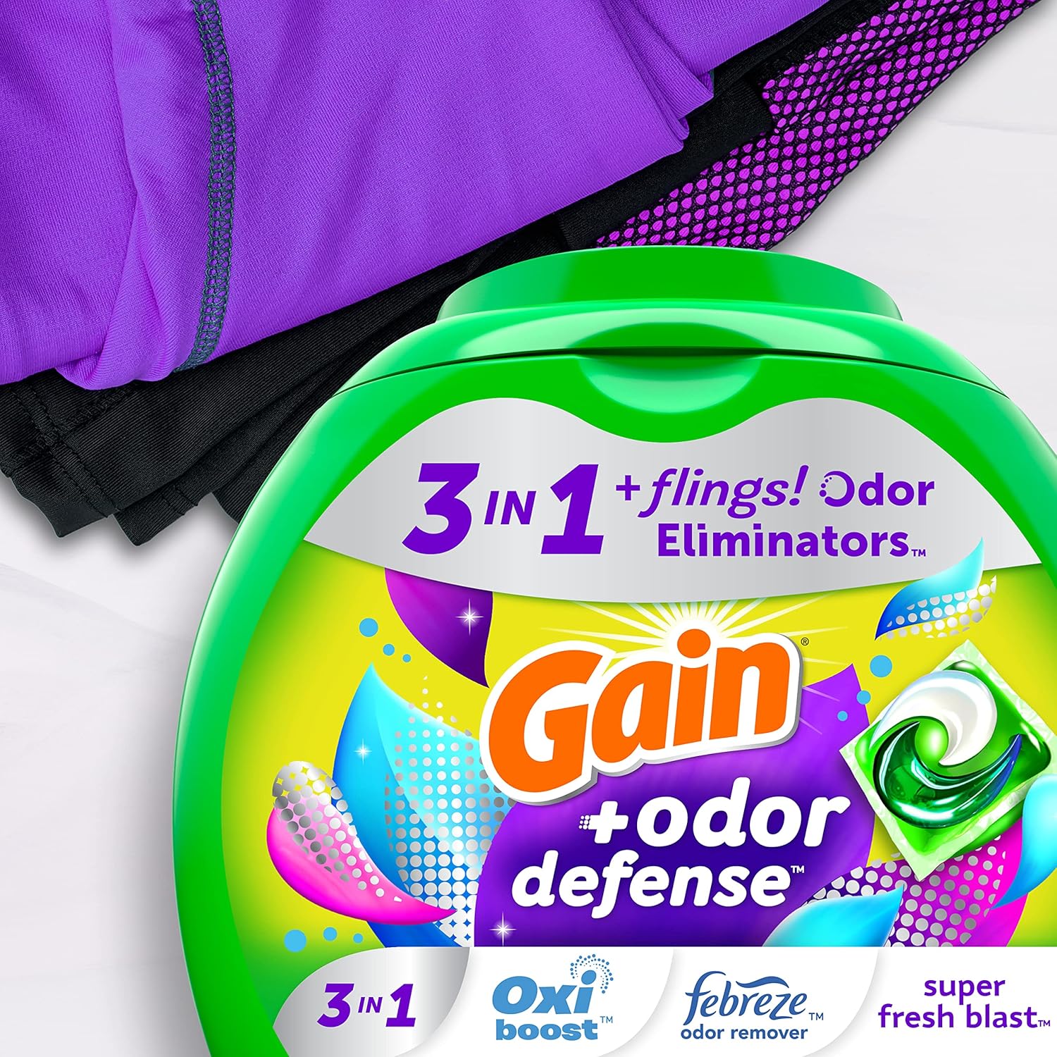 Gain Flings Laundry Detergent Pacs with Odor Defense, 112 Count, Super Fresh Blast Scent, HE 3in1 Detergent Pacs with Febreze and Oxi