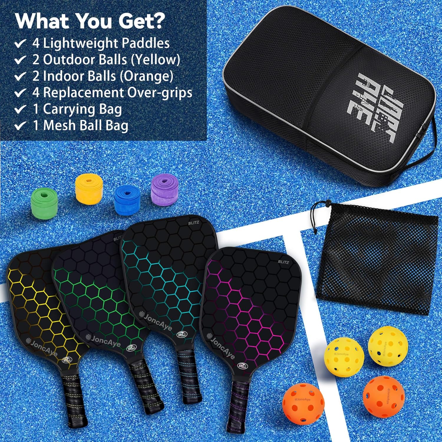 Pickleball-Paddles-Set of 4 or 2 Rackets by JoncAye, USAPA Approved Pickle-Ball Equipment with Balls, Bag, Accessories, Fiberglass Graphite Pickleball Racquet Set for Men, Women, Kids, Adults