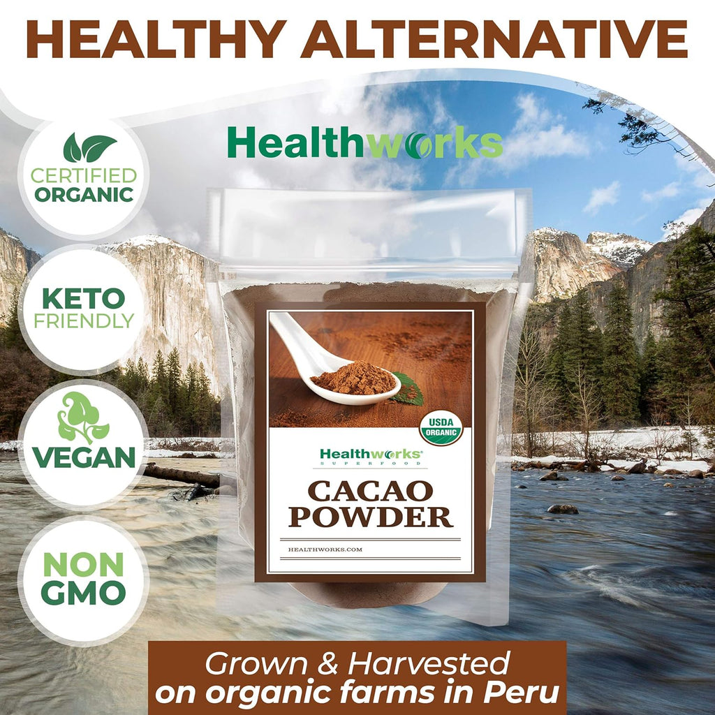 Healthworks Superfoods Organic Cacao Powder - 16 Oz / 1 Lb - Cocoa Chocolate Substitute - Rich Chocolate Flavour - Sugar-Free, Keto, Vegan & Non-GMO - Peruvian Bean/Nut Origin - Antioxidant Superfood