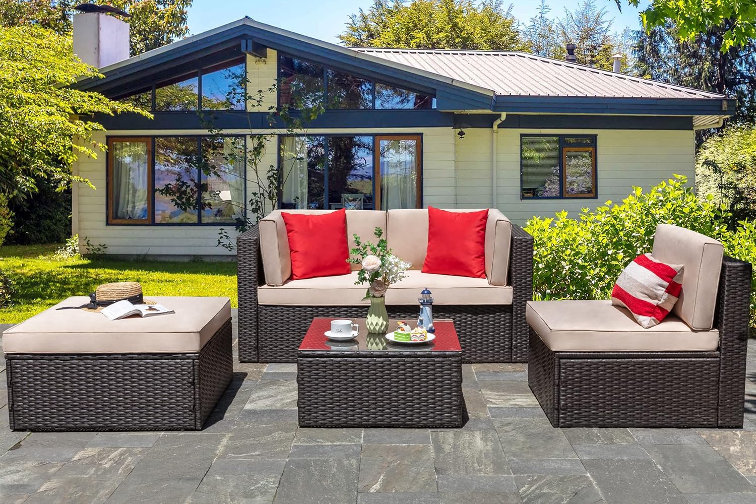 Vongrasig 5 Piece Patio Furniture Sets, Outdoor Patio Set Sectional Sofa, All-Weather PE Rattan Outdoor Couch with Ottoman, Glass Table for Garden, Backyard, Porch, Beige