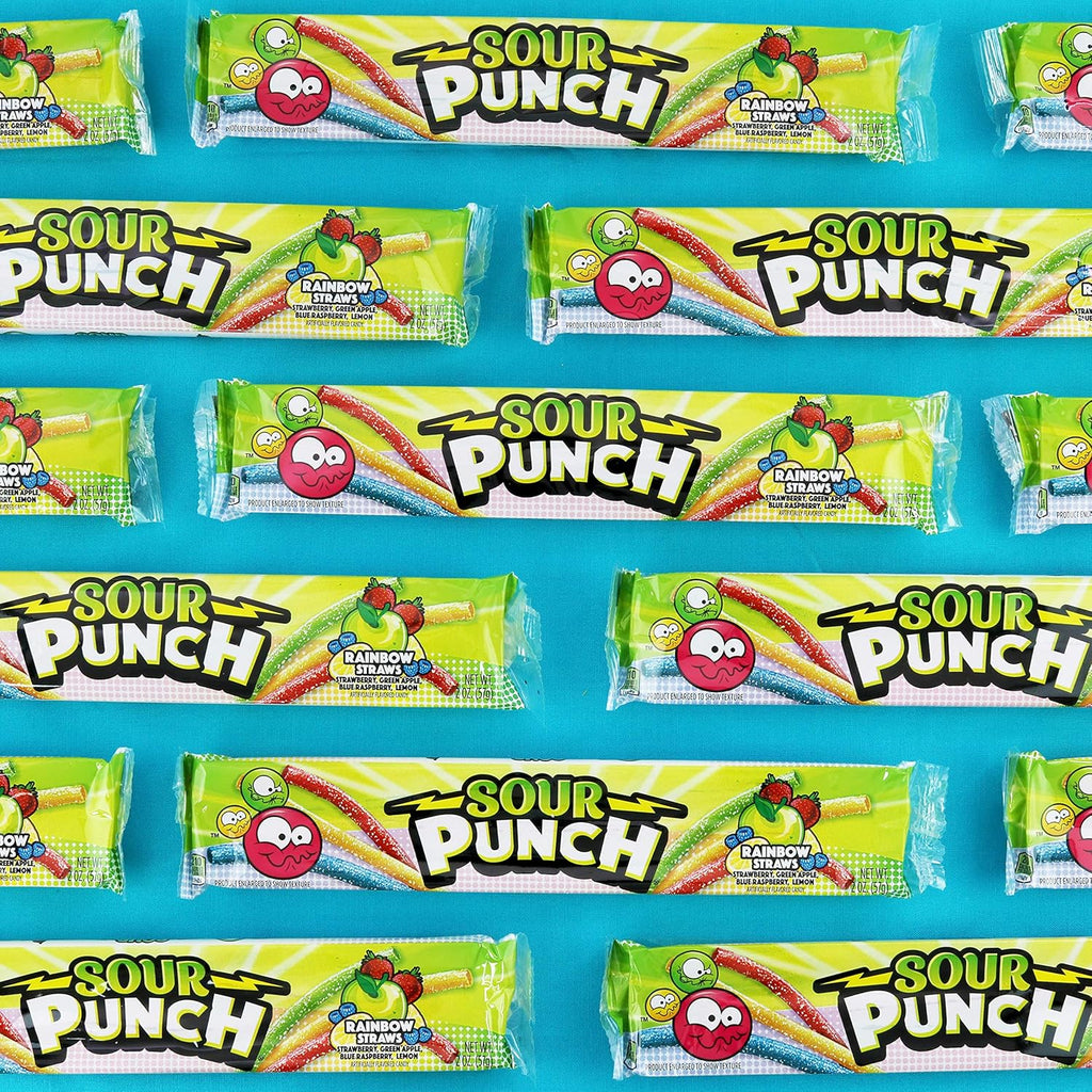 Sour Punch Straws, Rainbow Fruit Flavors, Chewy Sweet & Sour Candy, 2oz Tray (24 Pack)