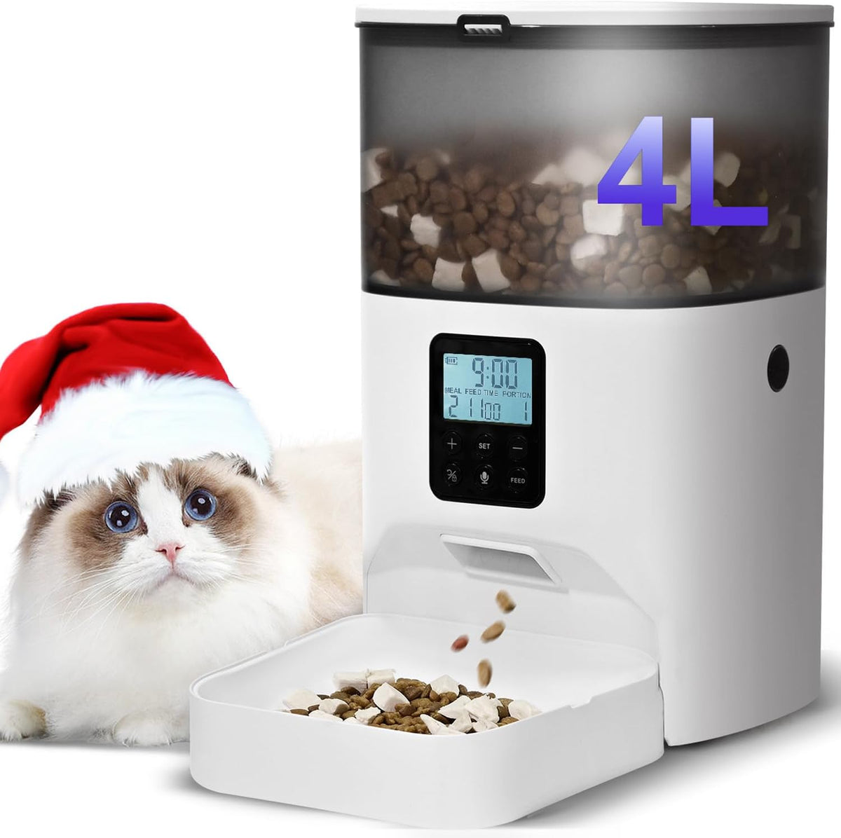 Automatic Cat Feeder, 4L Cat Food Dispenser with 10s Voice Recorder, Pet Feeder up to 8 Meals per Day, Timed Dog Feeder with Dry Food Sealed Ring (White, 4L-Basic) - Mart Station
