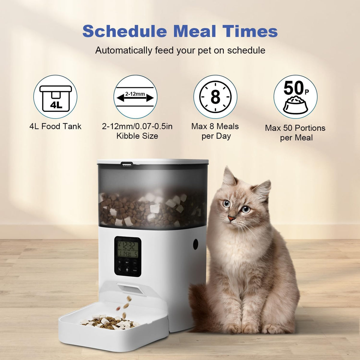 Automatic Cat Feeder, 4L Cat Food Dispenser with 10s Voice Recorder, Pet Feeder up to 8 Meals per Day, Timed Dog Feeder with Dry Food Sealed Ring (White, 4L-Basic) - Mart Station