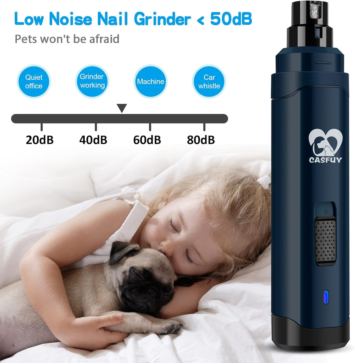 Casfuy Dog Nail Grinder Upgraded - Professional 2-Speed Electric Rechargeable Pet Nail Trimmer Painless Paws Grooming & Smoothing for Small Medium Large Dogs & Cats(Dark Blue) - Mart Station