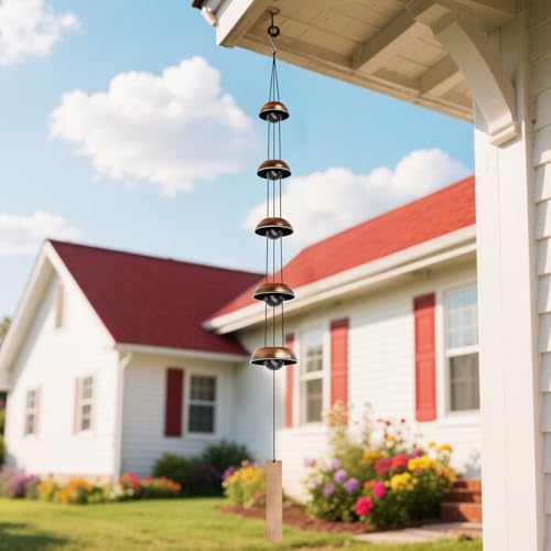 Copper Wind Chimes for Outside Clearance, 36'' Temple Windchimes Outdoors w/5 Bells, Memorial Wind Chime Gifts for Mom Grandma Mother Women, Feng Shui Wind Bell for Home Garden Zen Decor - Mart Station