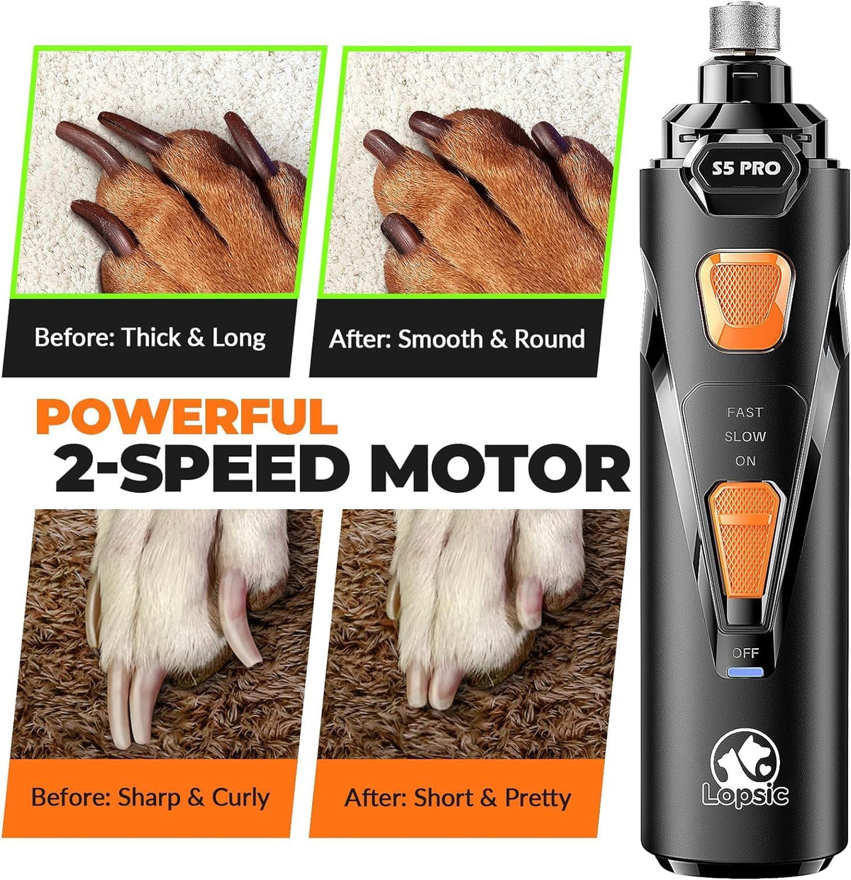 Dog Nail Grinder with 2 LED Lights Powerful 2 Speeds Super Quiet Dog Nail Trimmers with 3 Grinding Wheels Rechargeable Pet Dog Nail Clippers for Large Medium Puppy Dogs Dog Nail File Cat Nail Clipper - Mart Station