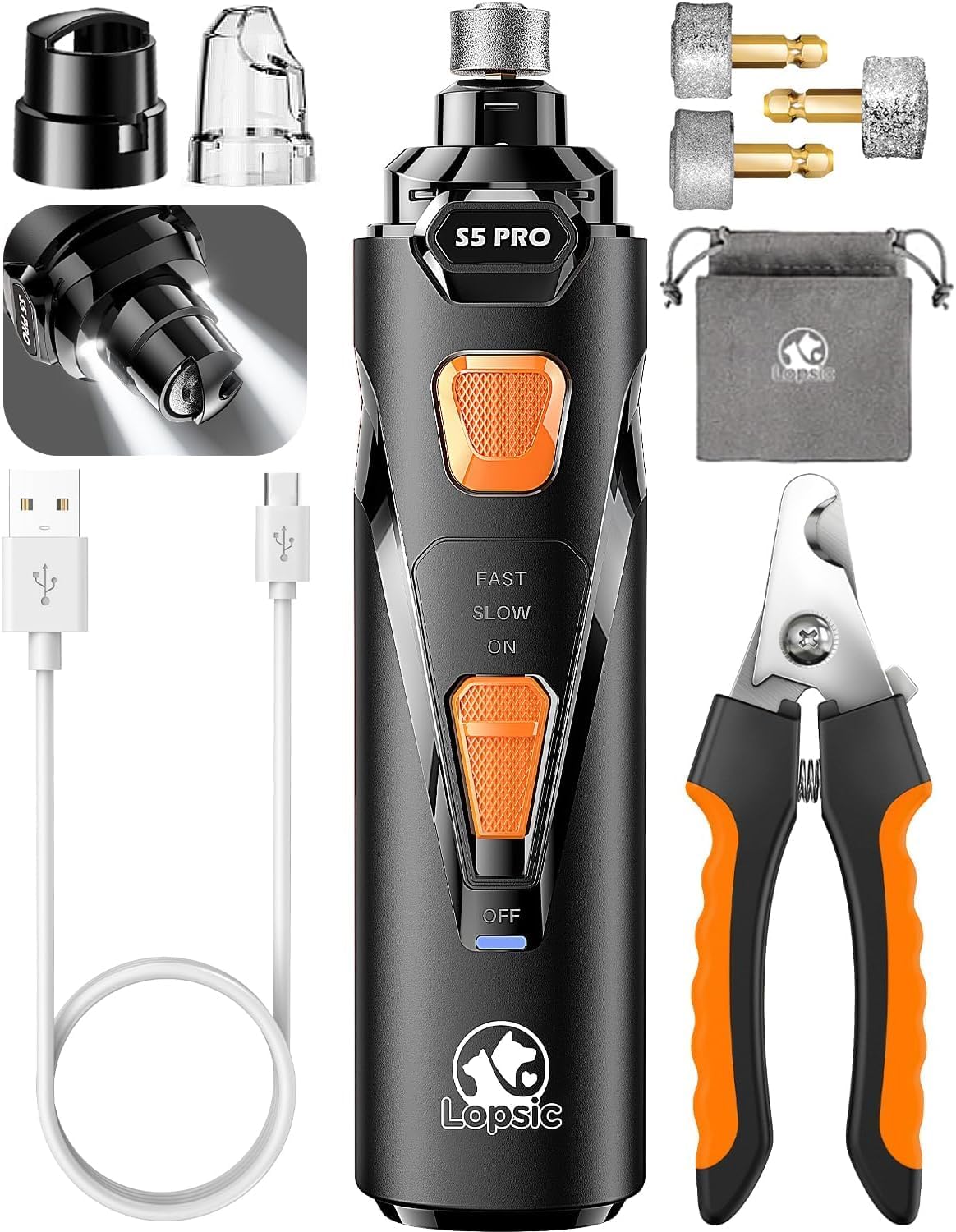 Dog Nail Grinder with 2 LED Lights Powerful 2 Speeds Super Quiet Dog Nail Trimmers with 3 Grinding Wheels Rechargeable Pet Dog Nail Clippers for Large Medium Puppy Dogs Dog Nail File Cat Nail Clipper - Mart Station