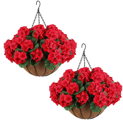 Hananona 2 Set Artificial Red Geraniums Flowers for Outdoors with Hanging Baskets, 2 Hanging Planters with 12 Pcs Red Geranium Flowers for Christmas Front Porch Garden Patio Home Decor (2, Red) - Mart Station