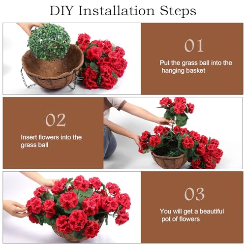 Hananona 2 Set Artificial Red Geraniums Flowers for Outdoors with Hanging Baskets, 2 Hanging Planters with 12 Pcs Red Geranium Flowers for Christmas Front Porch Garden Patio Home Decor (2, Red) - Mart Station