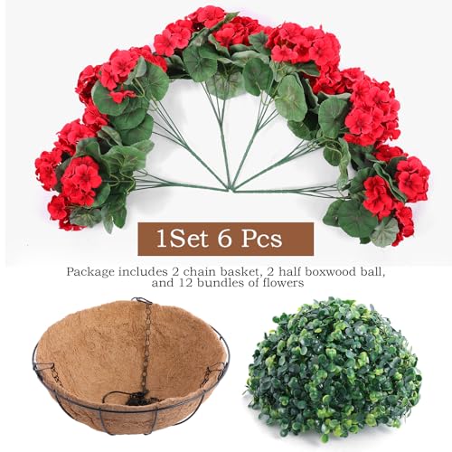Hananona 2 Set Artificial Red Geraniums Flowers for Outdoors with Hanging Baskets, 2 Hanging Planters with 12 Pcs Red Geranium Flowers for Christmas Front Porch Garden Patio Home Decor (2, Red) - Mart Station