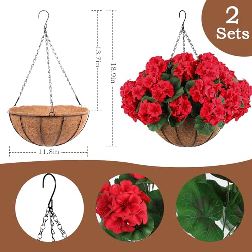 Hananona 2 Set Artificial Red Geraniums Flowers for Outdoors with Hanging Baskets, 2 Hanging Planters with 12 Pcs Red Geranium Flowers for Christmas Front Porch Garden Patio Home Decor (2, Red) - Mart Station