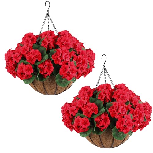 Hananona 2 Set Artificial Red Geraniums Flowers for Outdoors with Hanging Baskets, 2 Hanging Planters with 12 Pcs Red Geranium Flowers for Christmas Front Porch Garden Patio Home Decor (2, Red) - Mart Station
