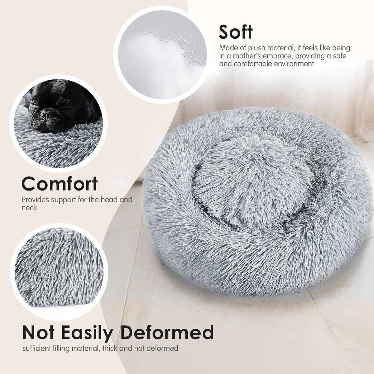 Hoewina Dog & Cat Bed for Indoor Cats, 20in Calming Donut Bed for Puppy and Kitten, Washable Round Fluffy Pet Bed for Small Medium Dogs and Cats (Light Grey) - Mart Station