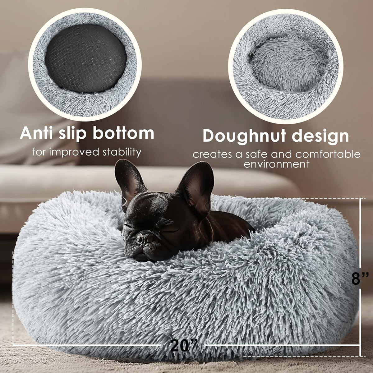 Hoewina Dog & Cat Bed for Indoor Cats, 20in Calming Donut Bed for Puppy and Kitten, Washable Round Fluffy Pet Bed for Small Medium Dogs and Cats (Light Grey) - Mart Station