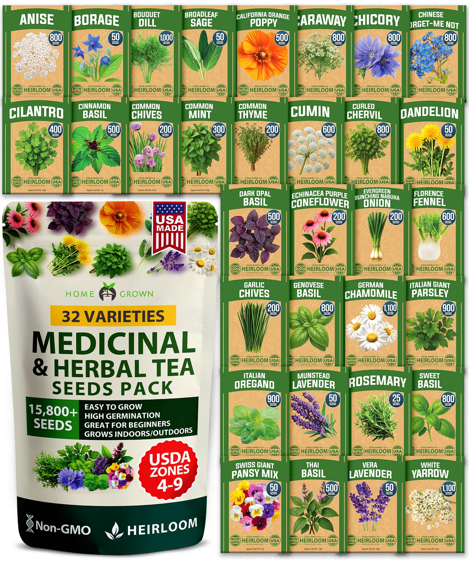 HOME GROWN Herb Seeds 32 Medicinal Herbs and Tea Variety Pack | Annual & Perennial Herb Seeds for Planting Indoors & Outdoor – Non-GMO, Easy to Grow, High Germination Garden Kit - Mart Station