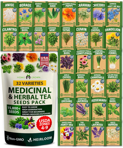 HOME GROWN Herb Seeds 32 Medicinal Herbs and Tea Variety Pack | Annual & Perennial Herb Seeds for Planting Indoors & Outdoor – Non-GMO, Easy to Grow, High Germination Garden Kit - Mart Station