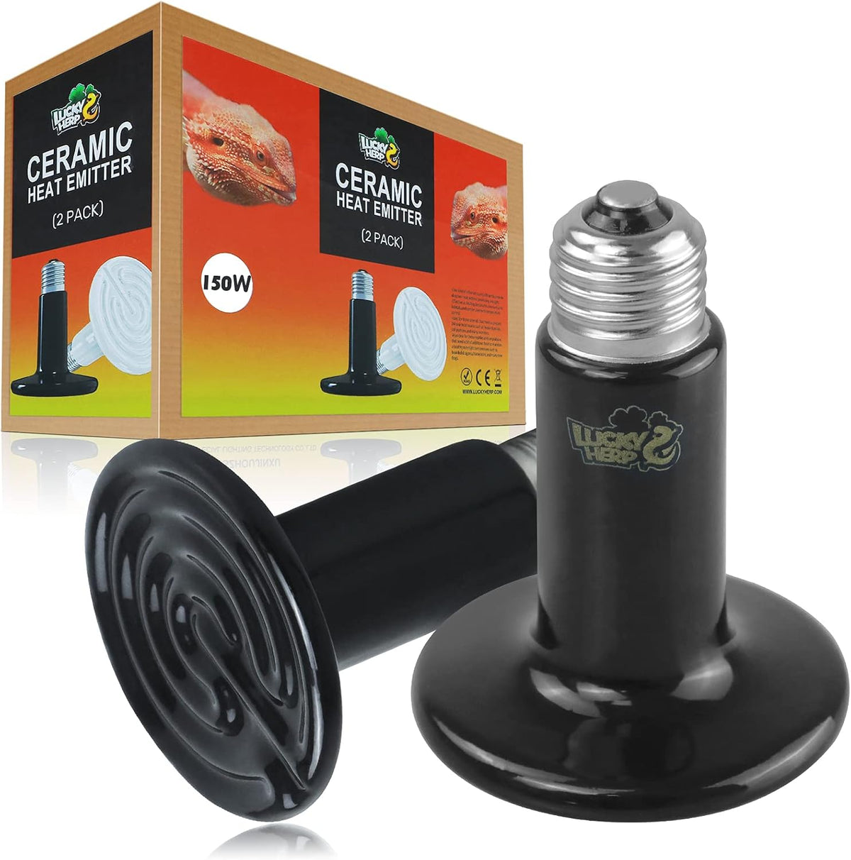 LUCKY HERP 150W Ceramic Heat Emitter, Reptile Heat Bulbs, Ceramic Heat Lamp for Reptiles, Amphibian, Chicken, Dog, Cat (2-Pack) - Mart Station