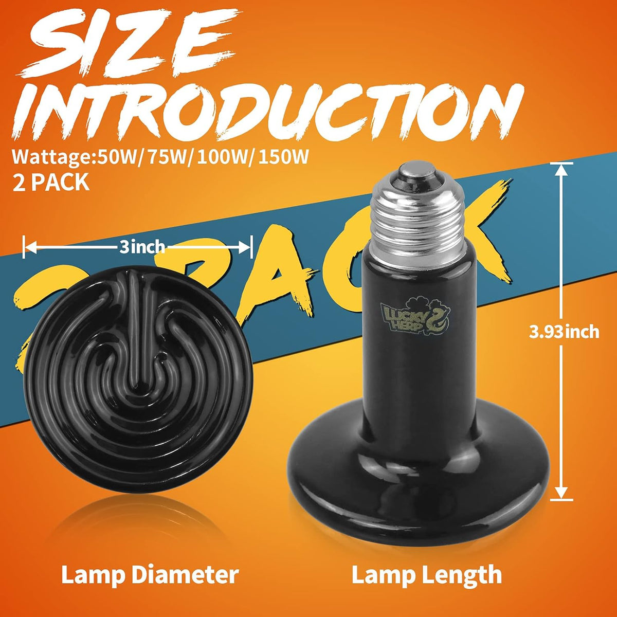 LUCKY HERP 150W Ceramic Heat Emitter, Reptile Heat Bulbs, Ceramic Heat Lamp for Reptiles, Amphibian, Chicken, Dog, Cat (2-Pack) - Mart Station