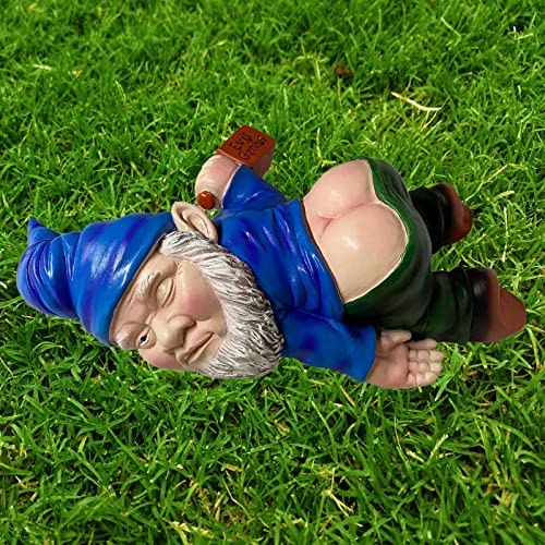 MINICAR Funny Drunk Garden Gnome Statue 9.5 Inch - Indoor Home Office Figurine Decor Outdoor Yard Lawn Patio Sculpture Decoration, Naughty Gifts for Women Men, Blue - Mart Station