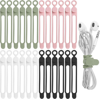 Nearockle 24Pcs Silicone Cable Straps Cord Organizer for Bundling Earphone, Phone Charger, Computer Cords, Reusable Cable Ties Wire Organizer in Home,Office,Kitchen,School (4 Colors) - Mart Station