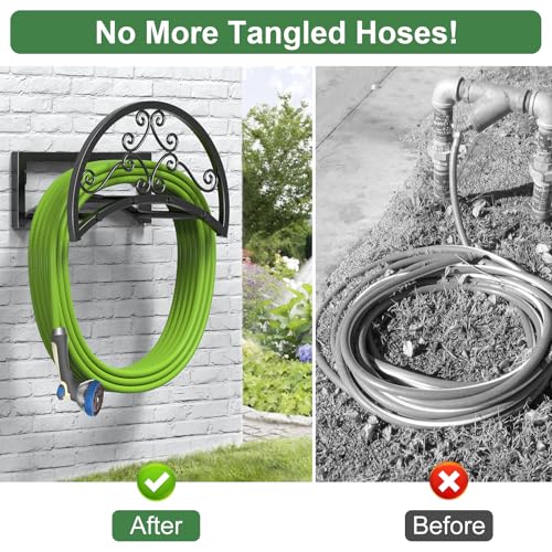OLV Garden Hose Holder, Heavy Duty Water Hose Holder Wall Mount Holds 125-ft Water Pipe, Decorative Detachable Metal Hose Hanger Storage Organizer Reel Rack for Outside Lawn Yard Farm, Black - Mart Station
