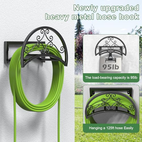 OLV Garden Hose Holder, Heavy Duty Water Hose Holder Wall Mount Holds 125-ft Water Pipe, Decorative Detachable Metal Hose Hanger Storage Organizer Reel Rack for Outside Lawn Yard Farm, Black - Mart Station