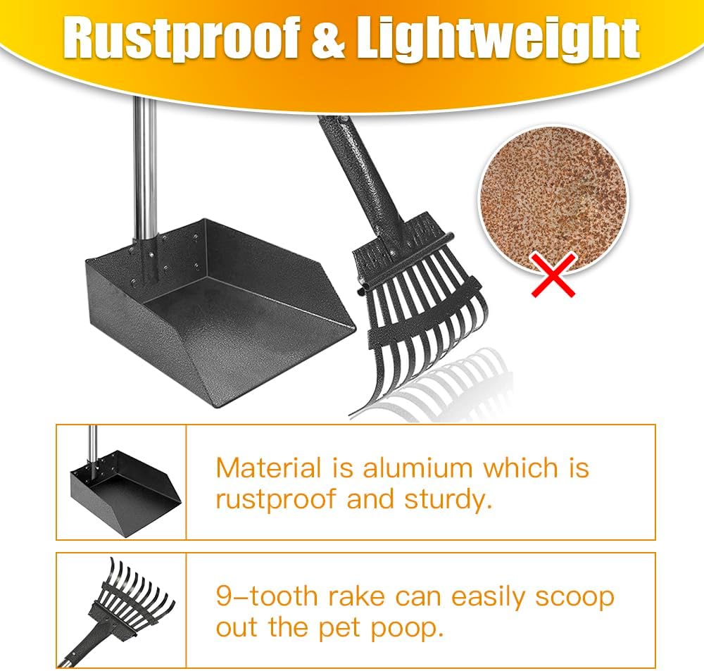 TOOGE Pooper Scooper, Dog Pooper Scooper Long Handle Stainless Metal Tray and Rake for Medium Small Dogs Heavy Duty Pet Supplies to Use for Grass, Dirt or Gravel - Mart Station