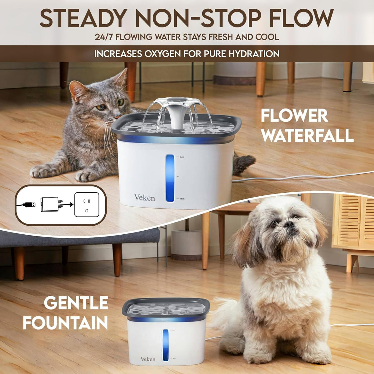 Veken Innovation Award Winner 95oz/2.8L Pet Fountain, Automatic Cat Water Fountain Dog Water Dispenser with Replacement Filters, Gifts for Christmas, Cats, Dogs, Multiple Pets (Grey, Plastic) - Mart Station