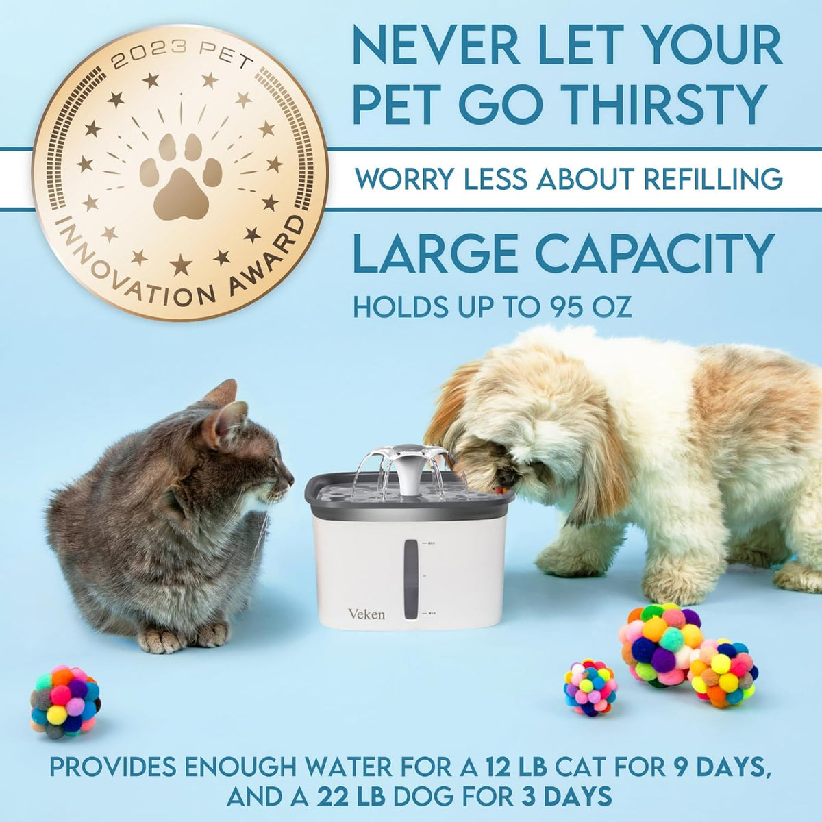Veken Innovation Award Winner 95oz/2.8L Pet Fountain, Automatic Cat Water Fountain Dog Water Dispenser with Replacement Filters, Gifts for Christmas, Cats, Dogs, Multiple Pets (Grey, Plastic) - Mart Station