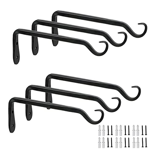 Worth 6-Pack 7" Plant Hanger Bracket, Forged Iron Black Hanging Hooks | Heavy Duty Wrought Hanging Plant Holder for Garden Fence, Wall Hooks for Bird Feeder, Indoor Outdoor Use - Mart Station